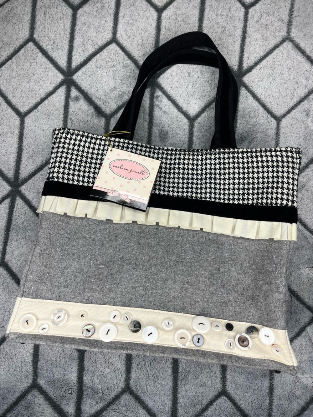 Carleen Powell x Silvestri Black Gray Houndstooth Ruffle Button Accent Tote Bag